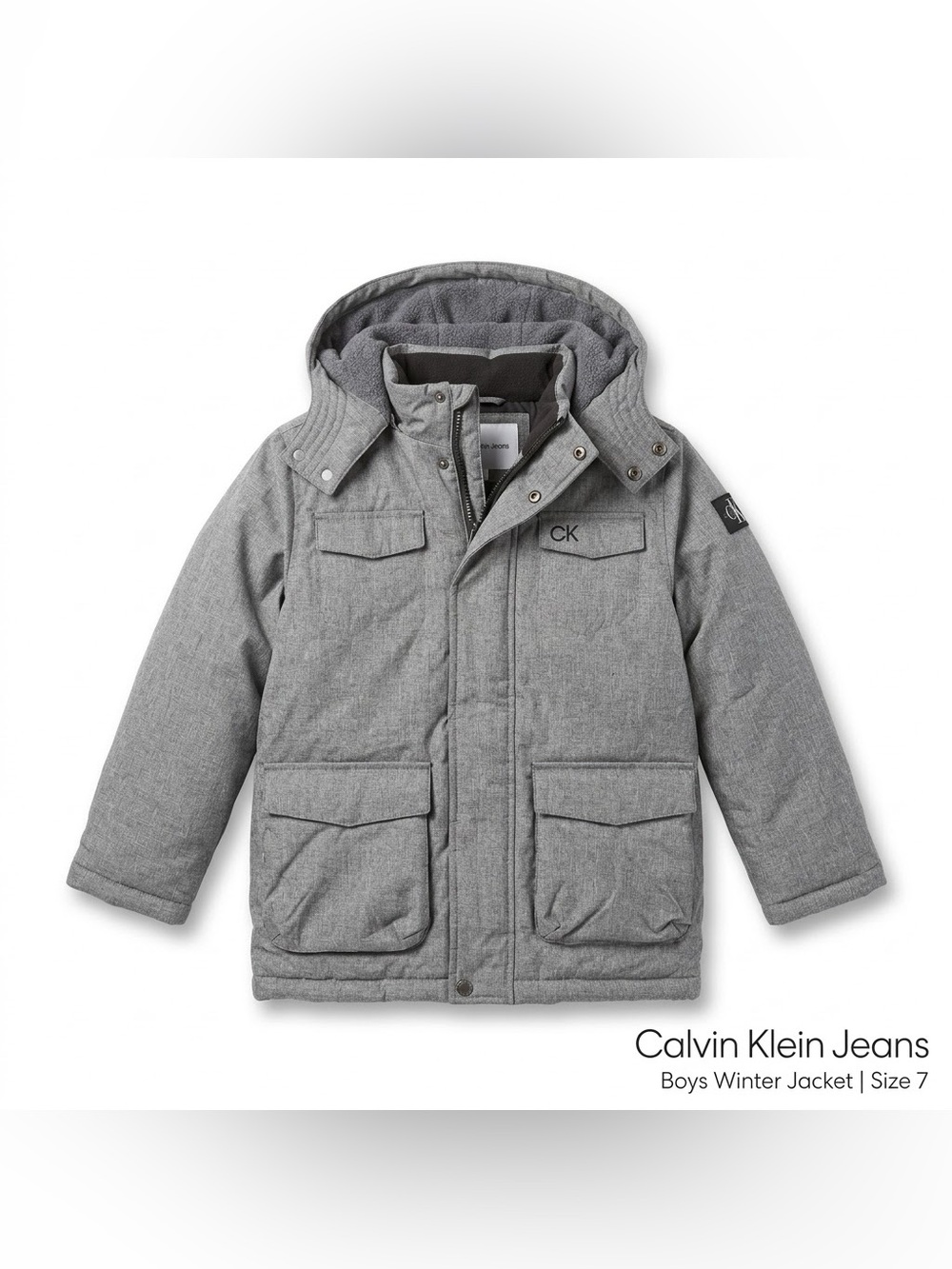 Calvin Klein Jeans Boys' Light Gray Hooded Puffer Jacket